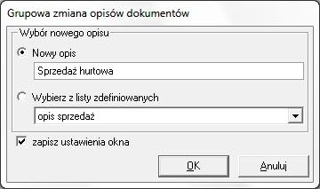 Grupowa zmiana opisów dokumentów - okno